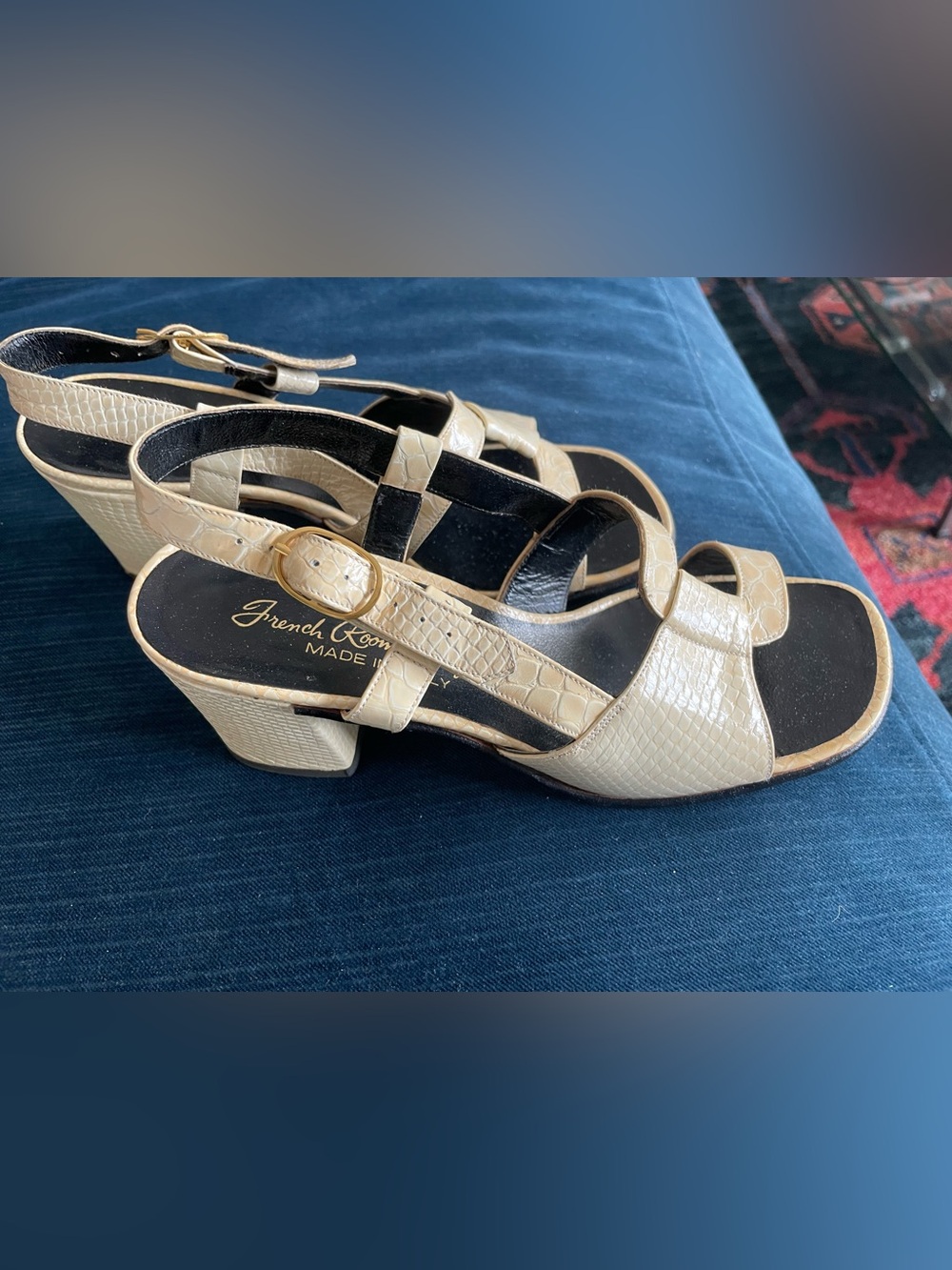 Vintage 1960’s Beige Croc-Embossed Mid Block Heel Sandals